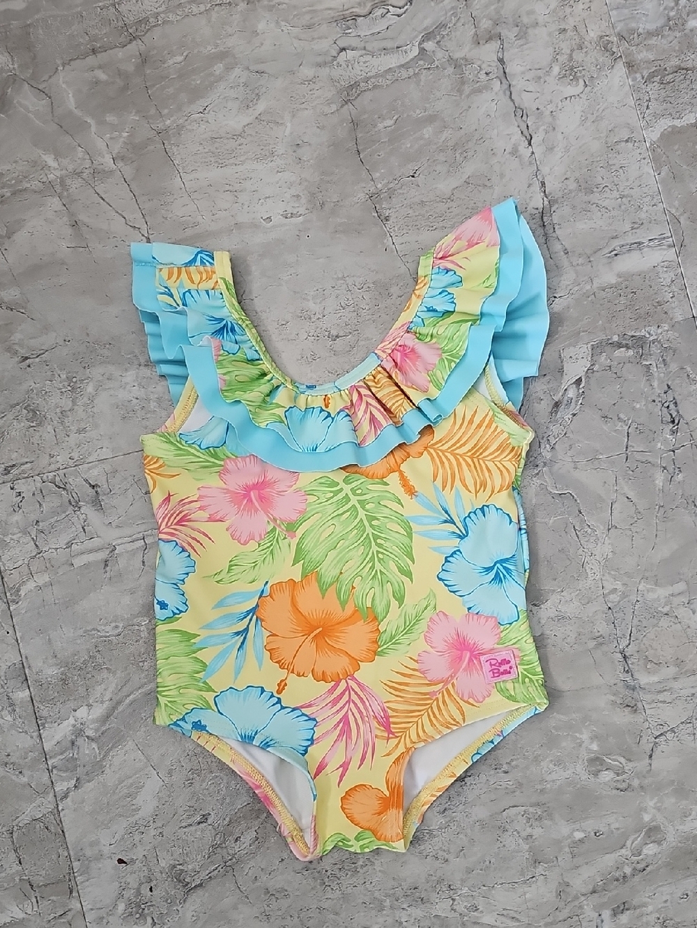 Ruffle Butts Yellow Tropical Floral One-Piece with Blue Ruffle Trim
